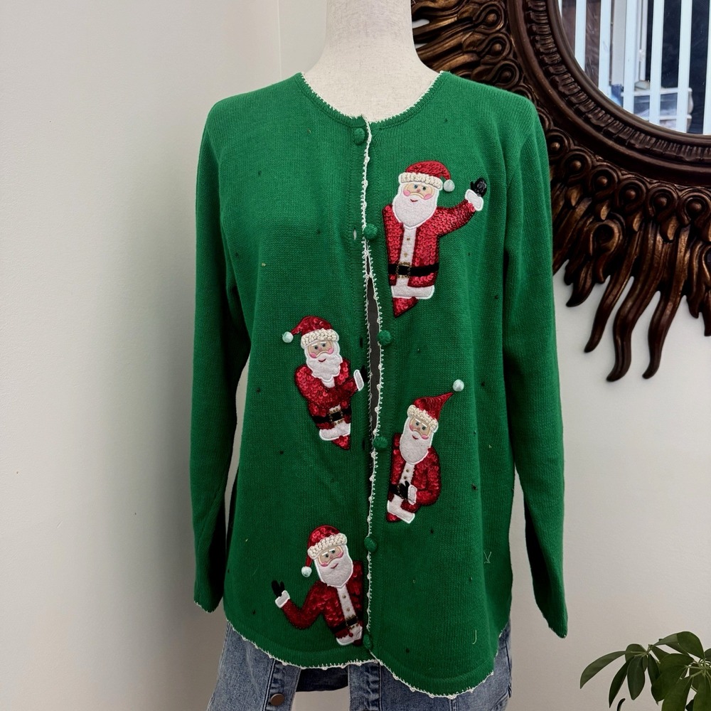 Quacker Factory Christmas Sweater M Green Sequin Santa Cardigan Beaded Vintage F